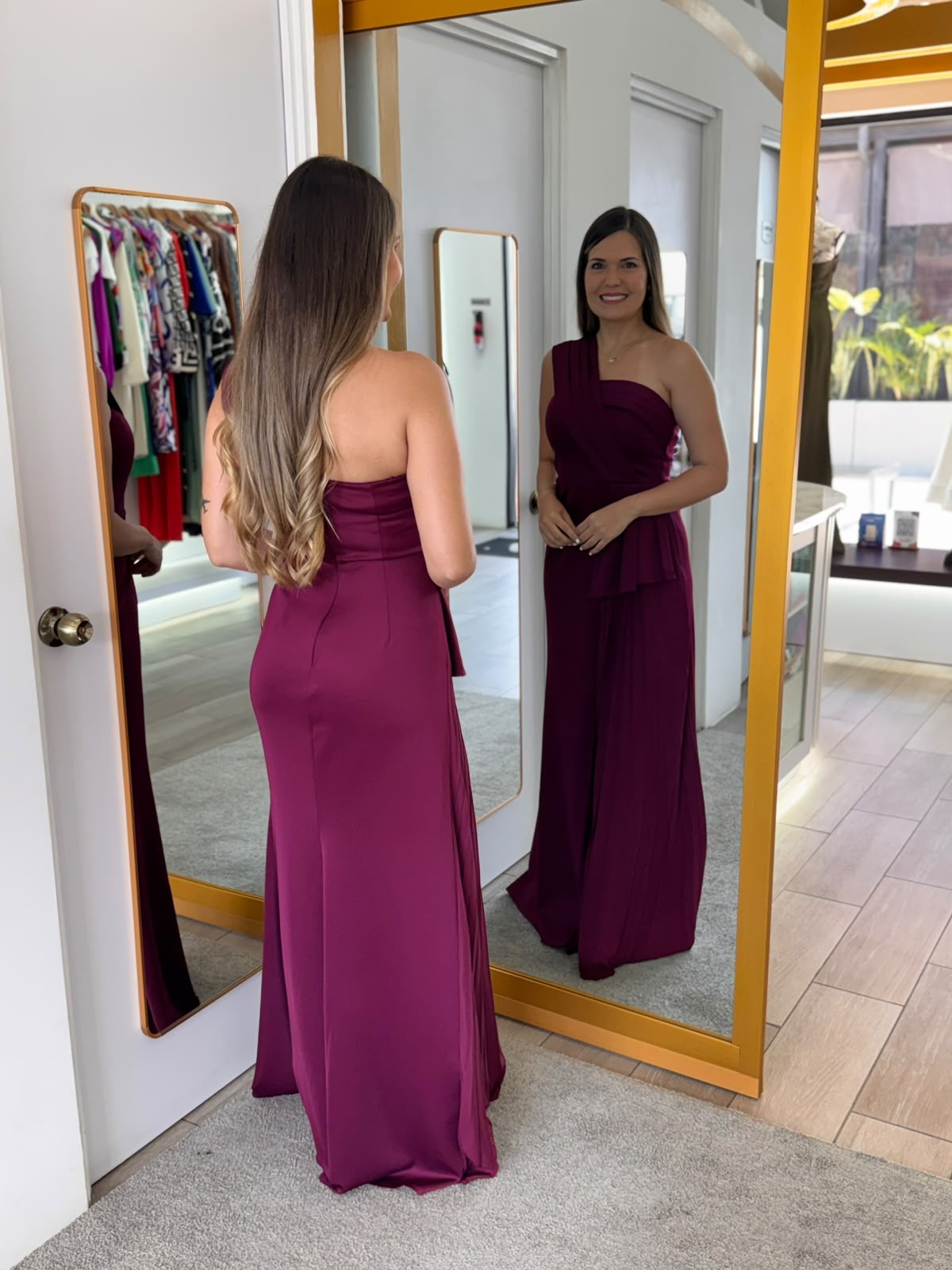 Wine One Shoulder Pleated Ruffle Maxi Dress (Talla L) thumbnail