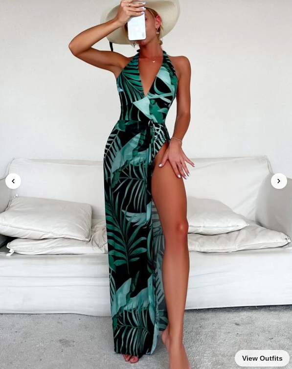 Plant Print Halter One Piece Swimsuit & Beach Skirt (Talla L) thumbnail