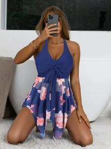 Floral Print Asymmetrical Hem Halter Bikini Swimsuit Navy Blue Navy Blue (Talla S)