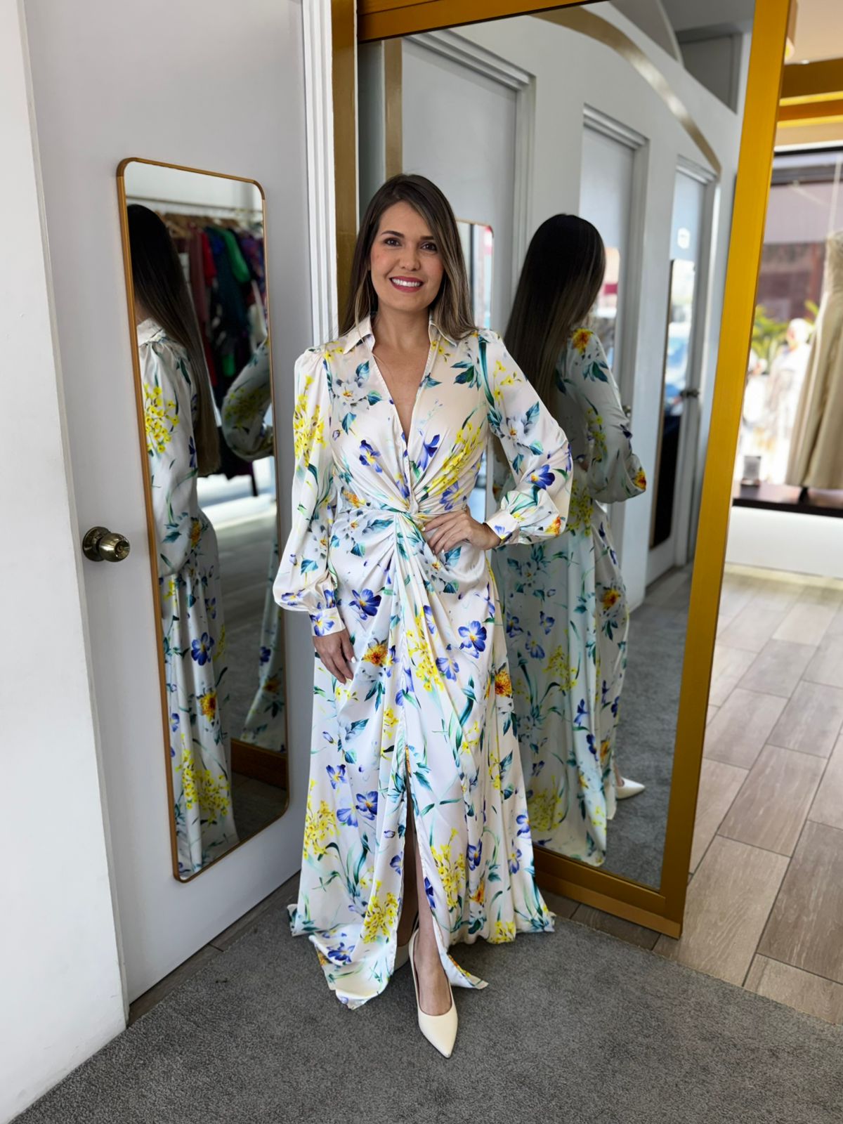 Flower Print Cinched Waist Long Sleeve Dress (Talla S)