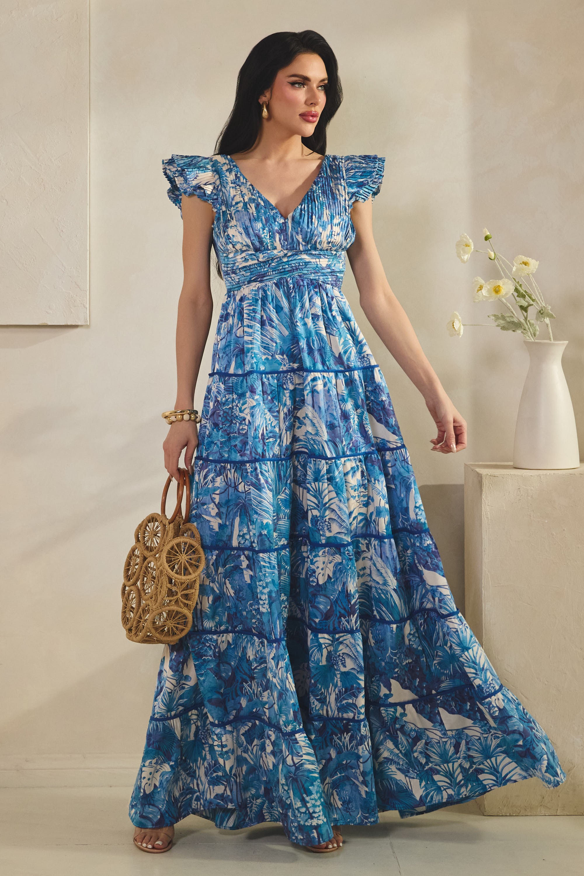 Blue Pleated Double Ruffle Sleeve Tired Maxi Dress (Talla S) thumbnail