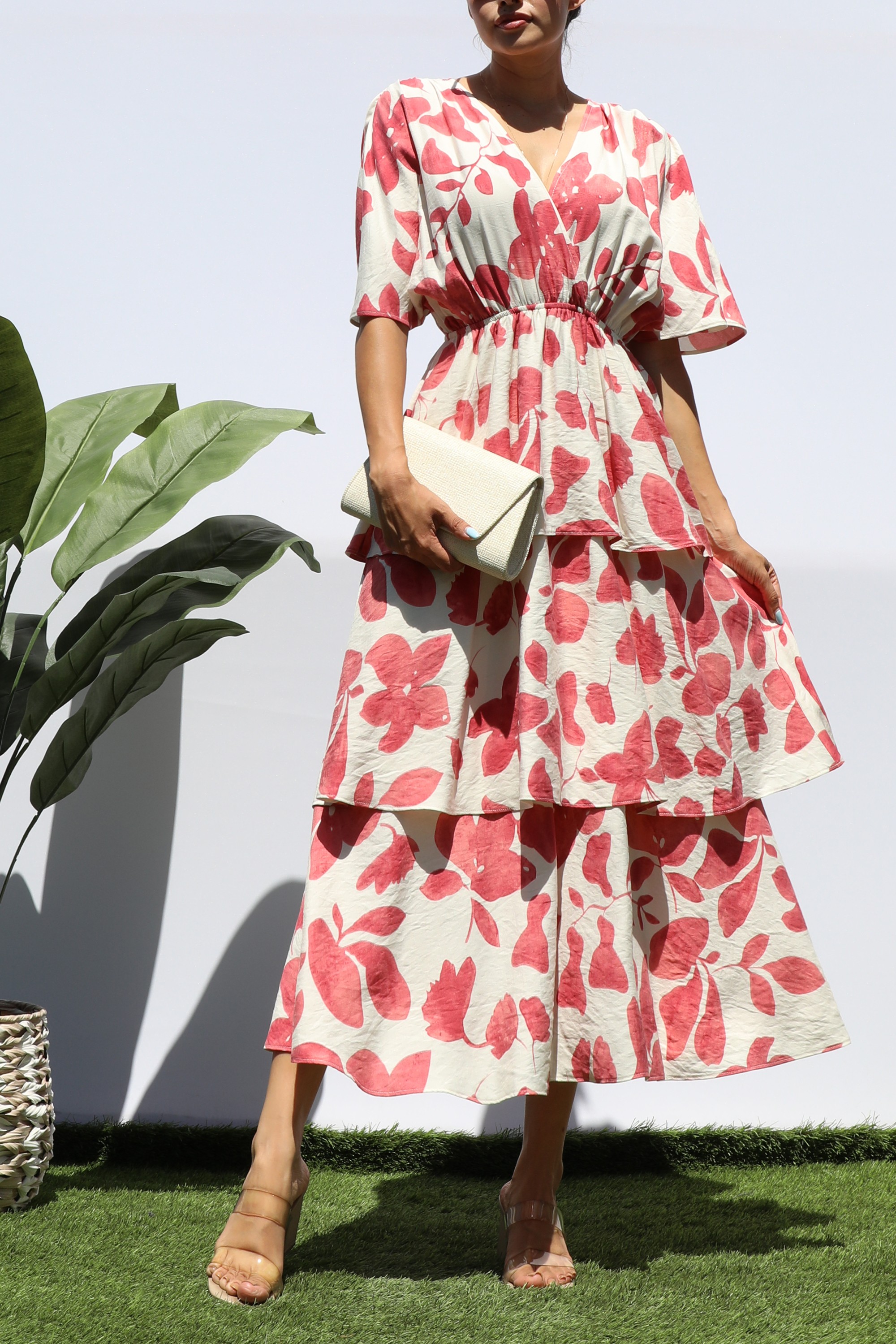 Pink Floral Printed Loose Fit Tiered Midi Dress (Talla L)