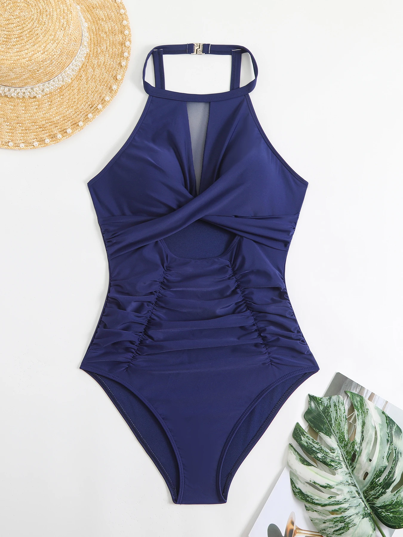 Navy Mesh Patchwork One Piece Swimsuit (Talla M) thumbnail