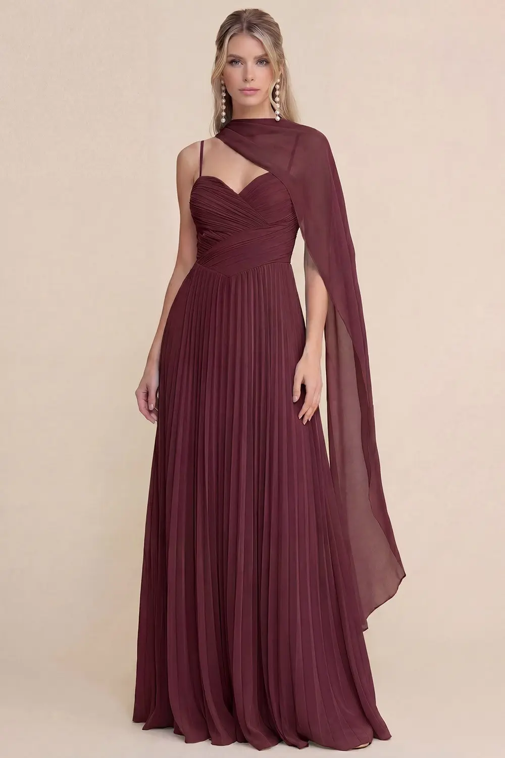 Wine Low Cut Waist Maxi Dress with Scarf (Talla L) thumbnail