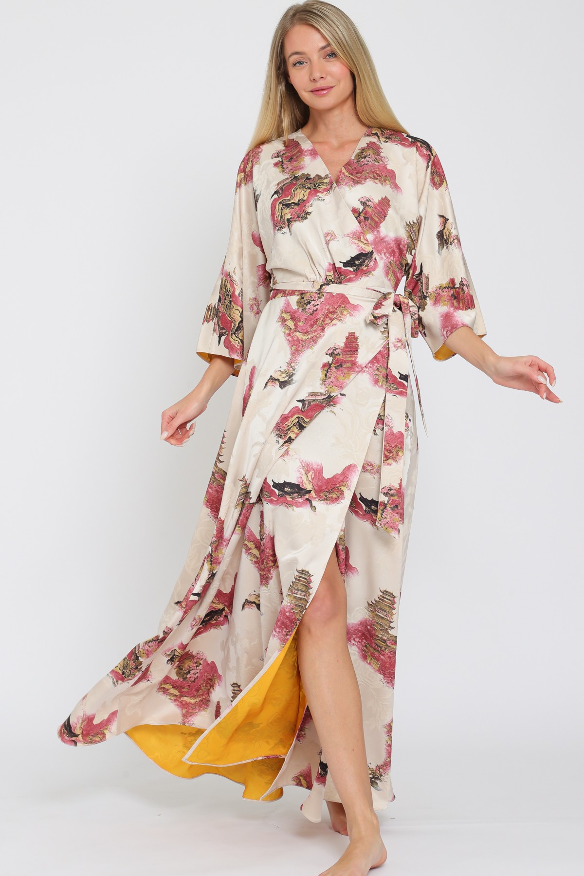 Beige Kimono Sleeve Wrap Maxi Dress (Talla S) thumbnail