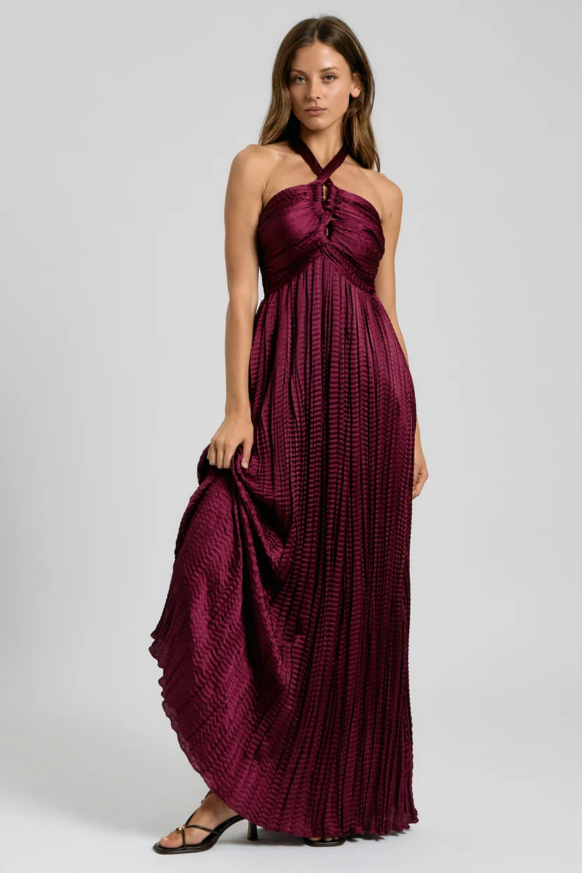 Wine Crinkle Pleated Halter Smocked Maxi Dress (Talla S) thumbnail