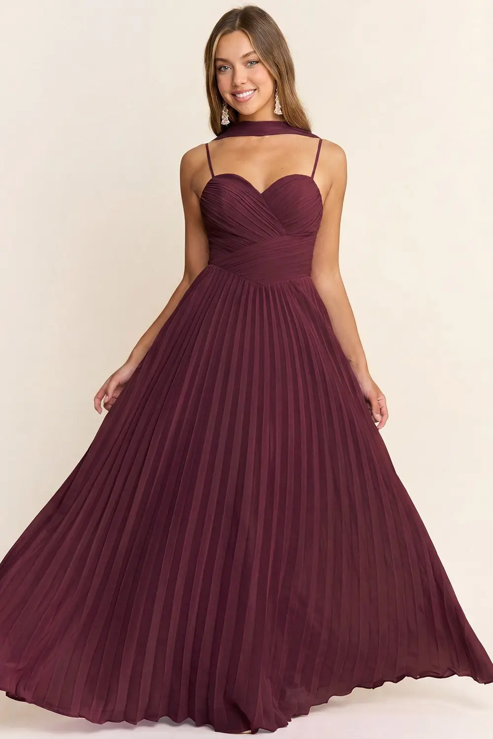 Wine Low Cut Waist Maxi Dress with Scarf (Talla L) thumbnail