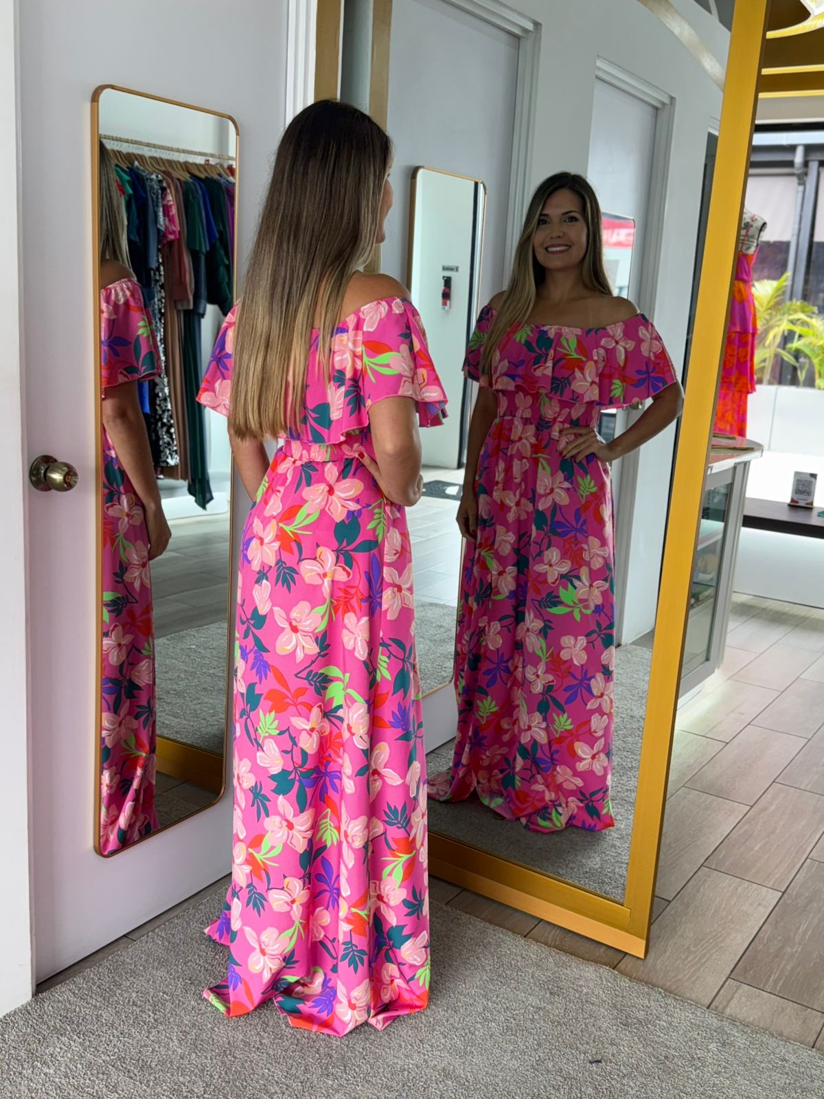 Pink Off Shoulder Tropical Maxi Dress (Talla L) thumbnail