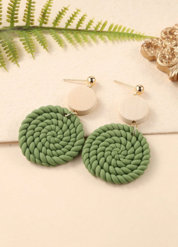 Army Green Round Wood Earrings