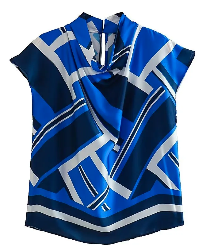 TRAF Blue Print Top Women Turtleneck Satin Blouse (Talla M)