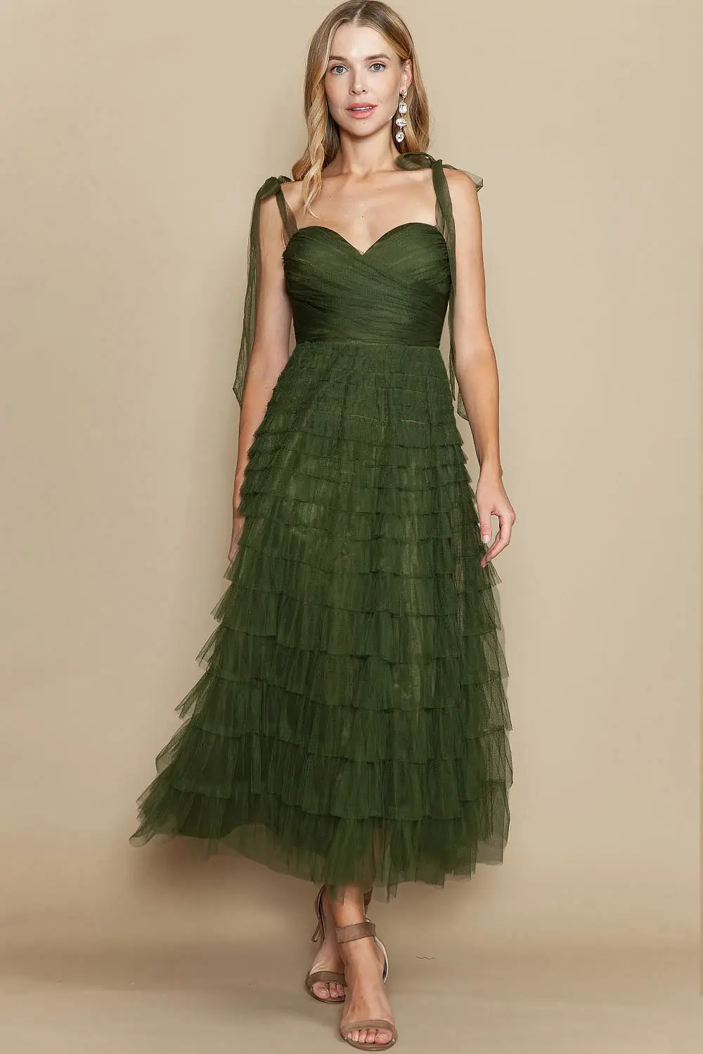 Olive Tulle Self Tie Straps Midi Dress (Talla S) thumbnail