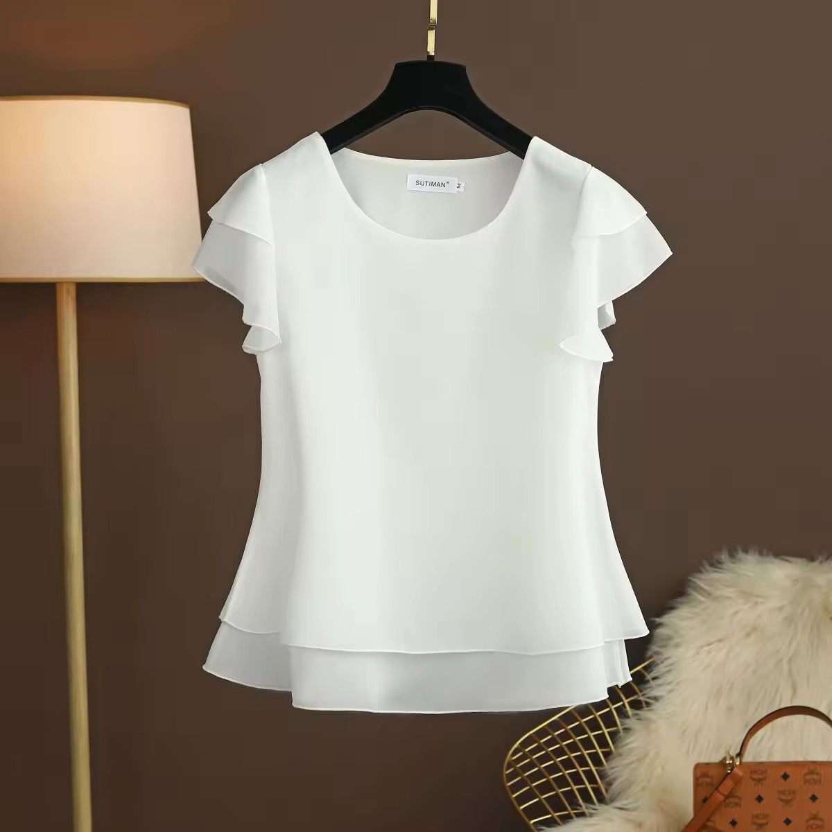 White Blouse Loose O-Neck Chiffon (Talla L)  