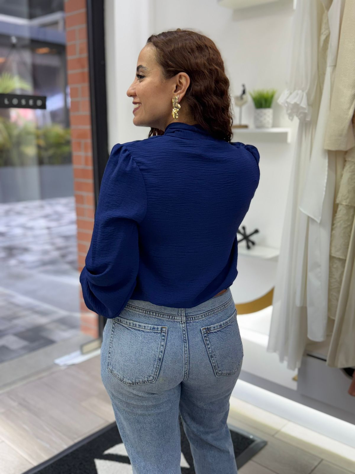 Navy Solid Long Sleeve Blouse (Talla S) thumbnail