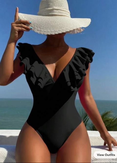 Black Ruffle Trim One Piece Swimsuit (Talla XL)