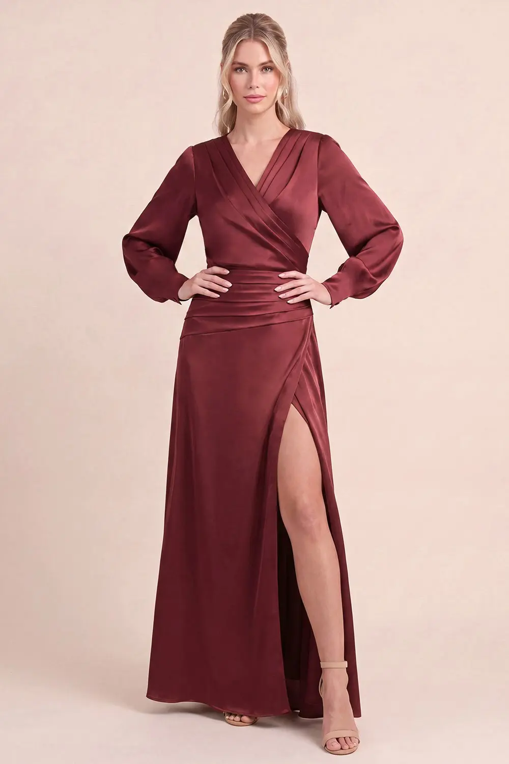 Wine Long Sleve Elegant Dress (Talla S)
