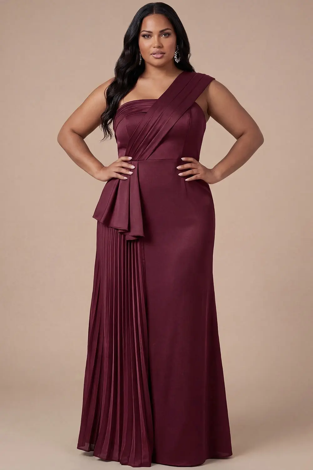 Wine Plus Size One Shoulder Pleated Maxi Dress (Talla 2XL)