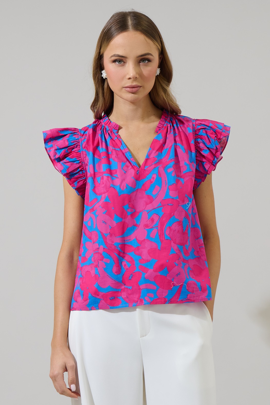 Yeraldi Berry Risette Ruffle Split Neck Top (Talla M) thumbnail
