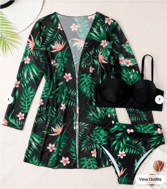 Tropical Print Bikini Set Push Up Bra & Hipster Bikini Bottom & Kimono 3 Piece Swimsuit (Talla S)
