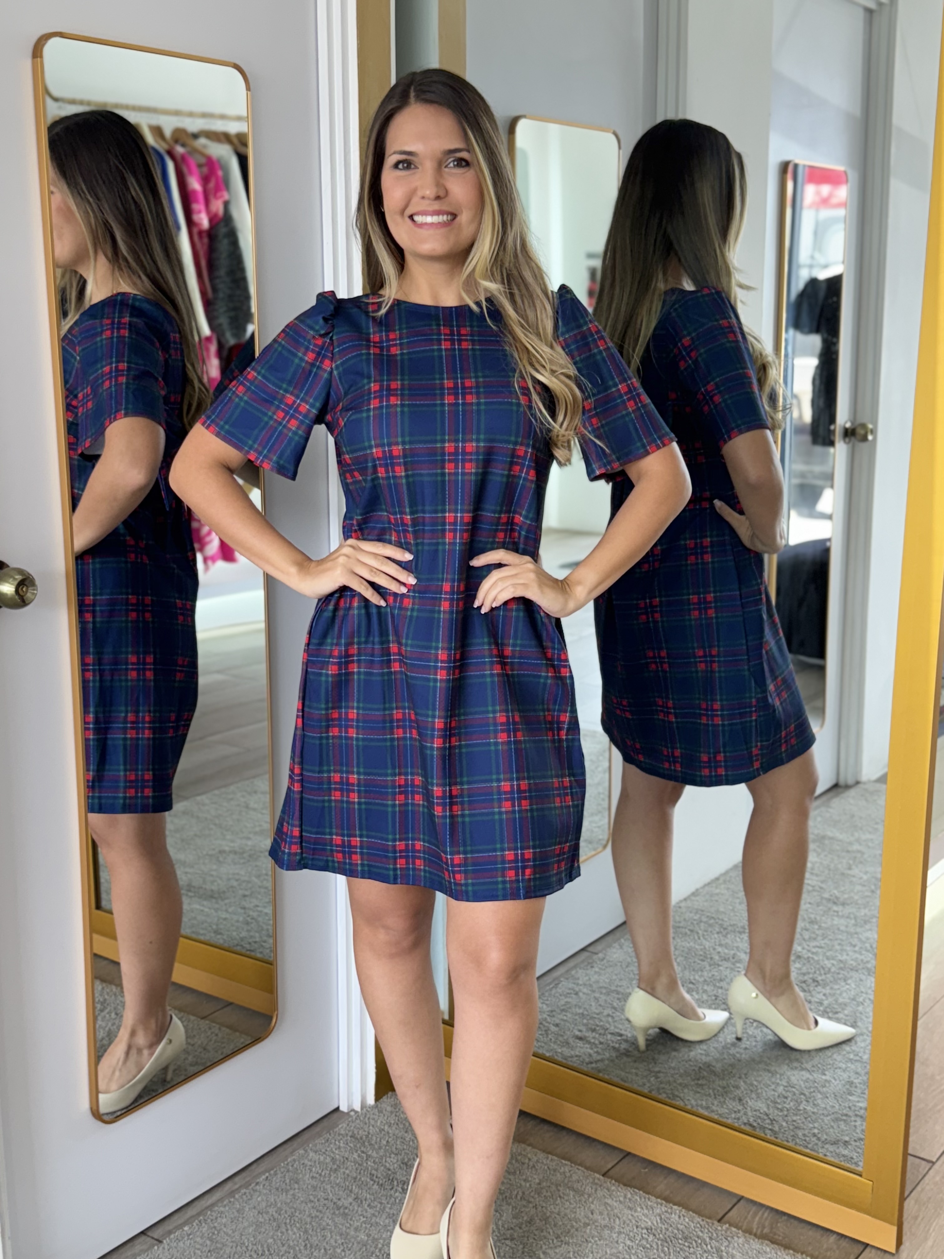 Holiday plaid shift dress Short puff sleeve (Talla S)