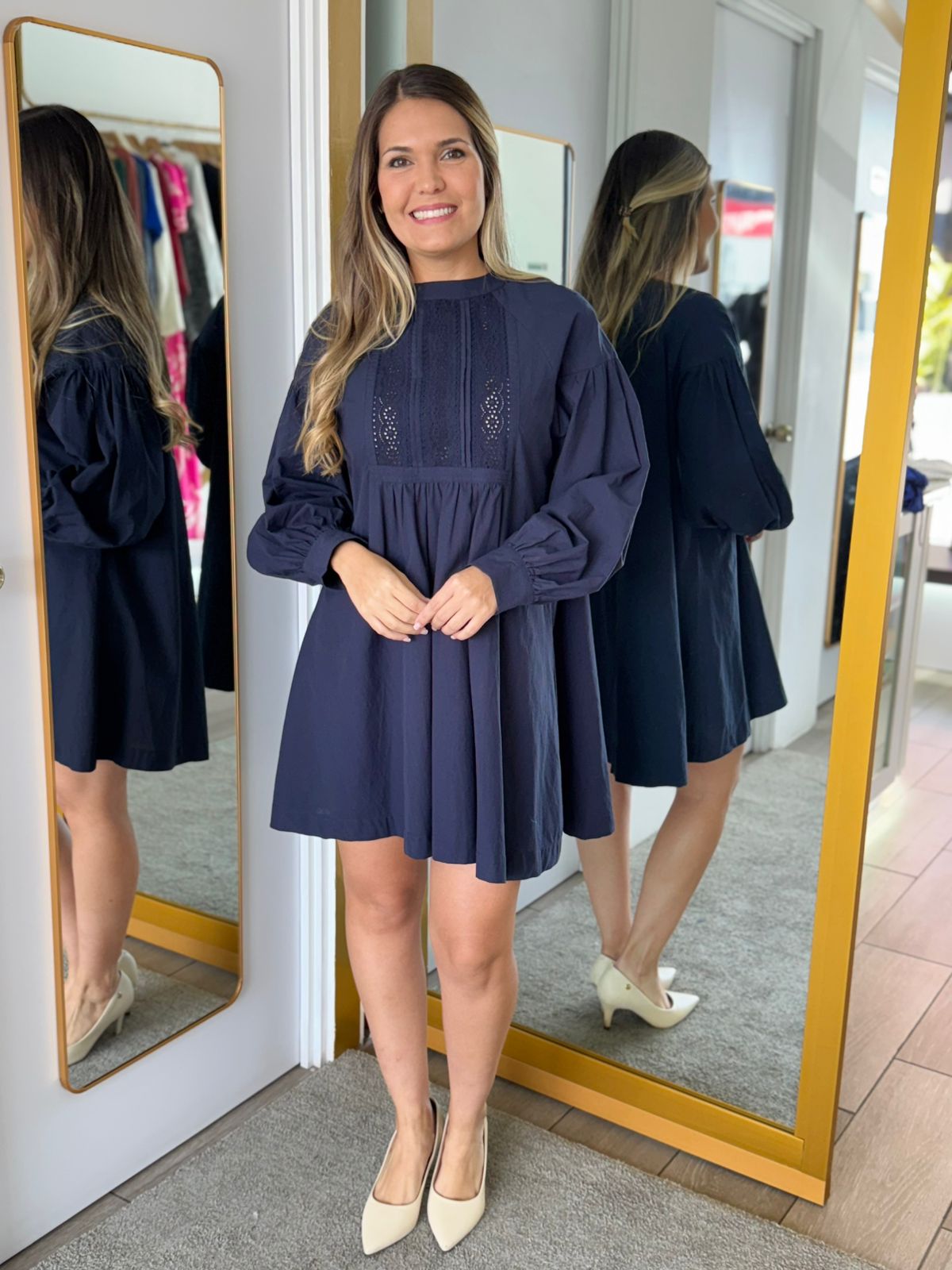 Navy Long Sleeve Mini Dress with Lace (Talla M)