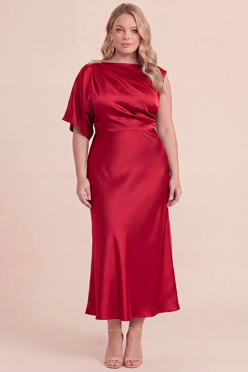Red Plus Size Elastic Back Satin Midi Dress (Talla 2XL)