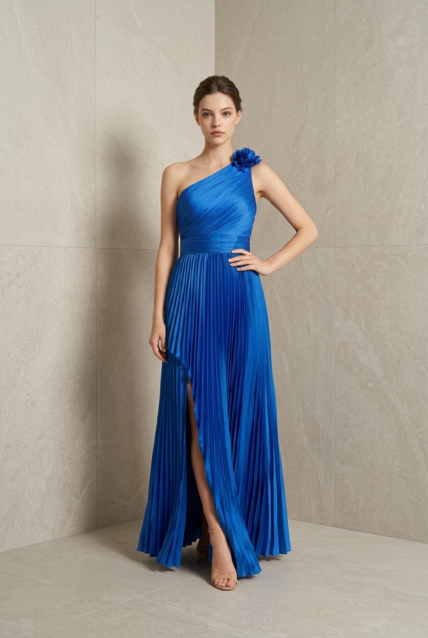 Royal Blue One Shoulder Woven Maxi Dress (Talla M)