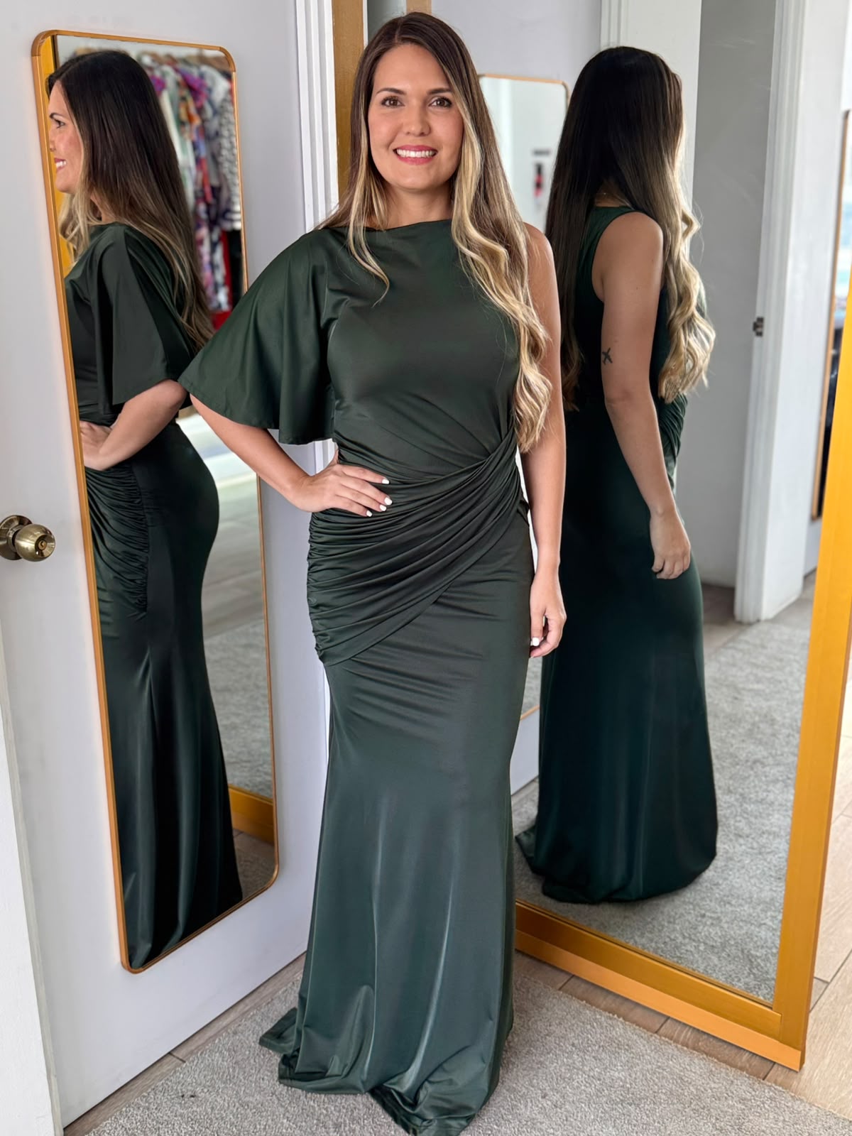 Olive One Shoulder Fully Lined Maxi Dress (Talla S)