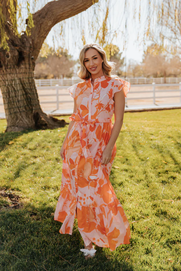 Lenira Pink Orange Button Down Maxi Dress (Talla S) thumbnail