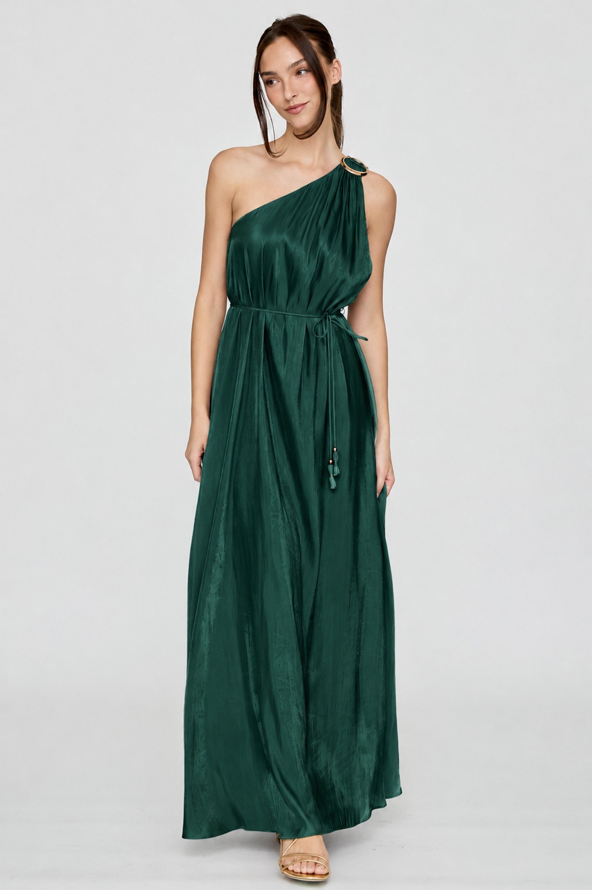 Hunter Green One Shoulder Metallic Trim Maxi Dress (Talla L) thumbnail