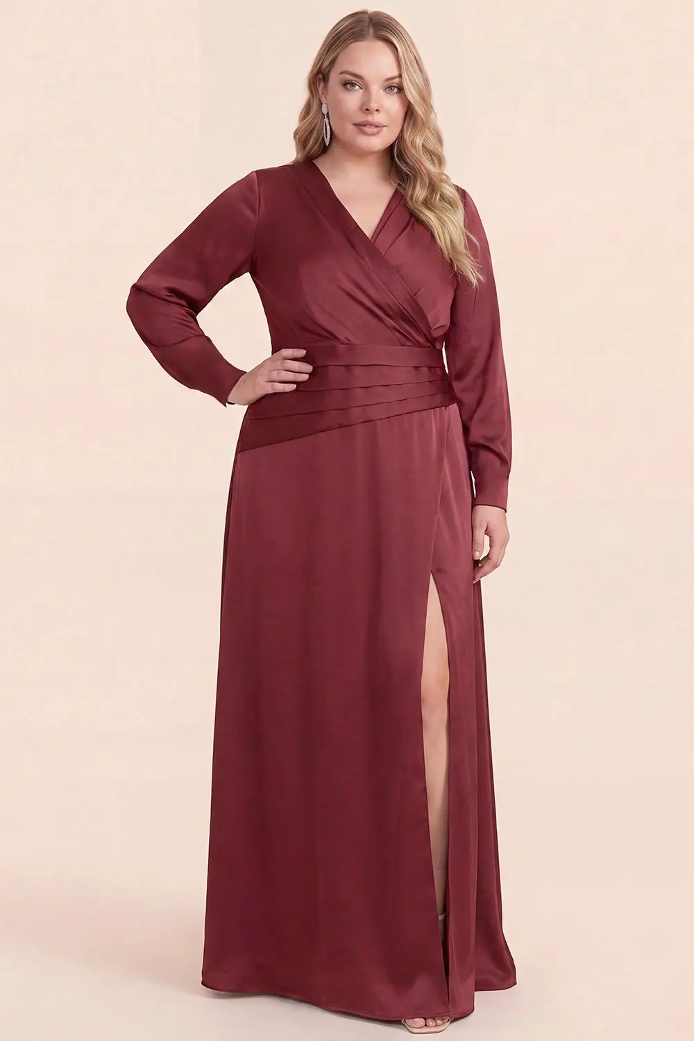 Wine Plus Size Long Sleve Elegant Dress (Talla XL)
