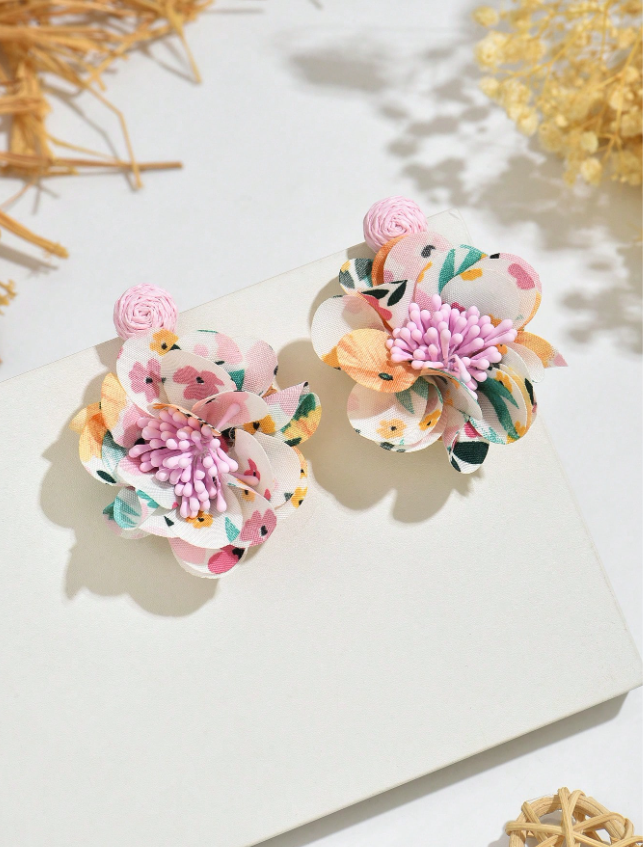 Pink Boho FLoral Tassel Earrings thumbnail
