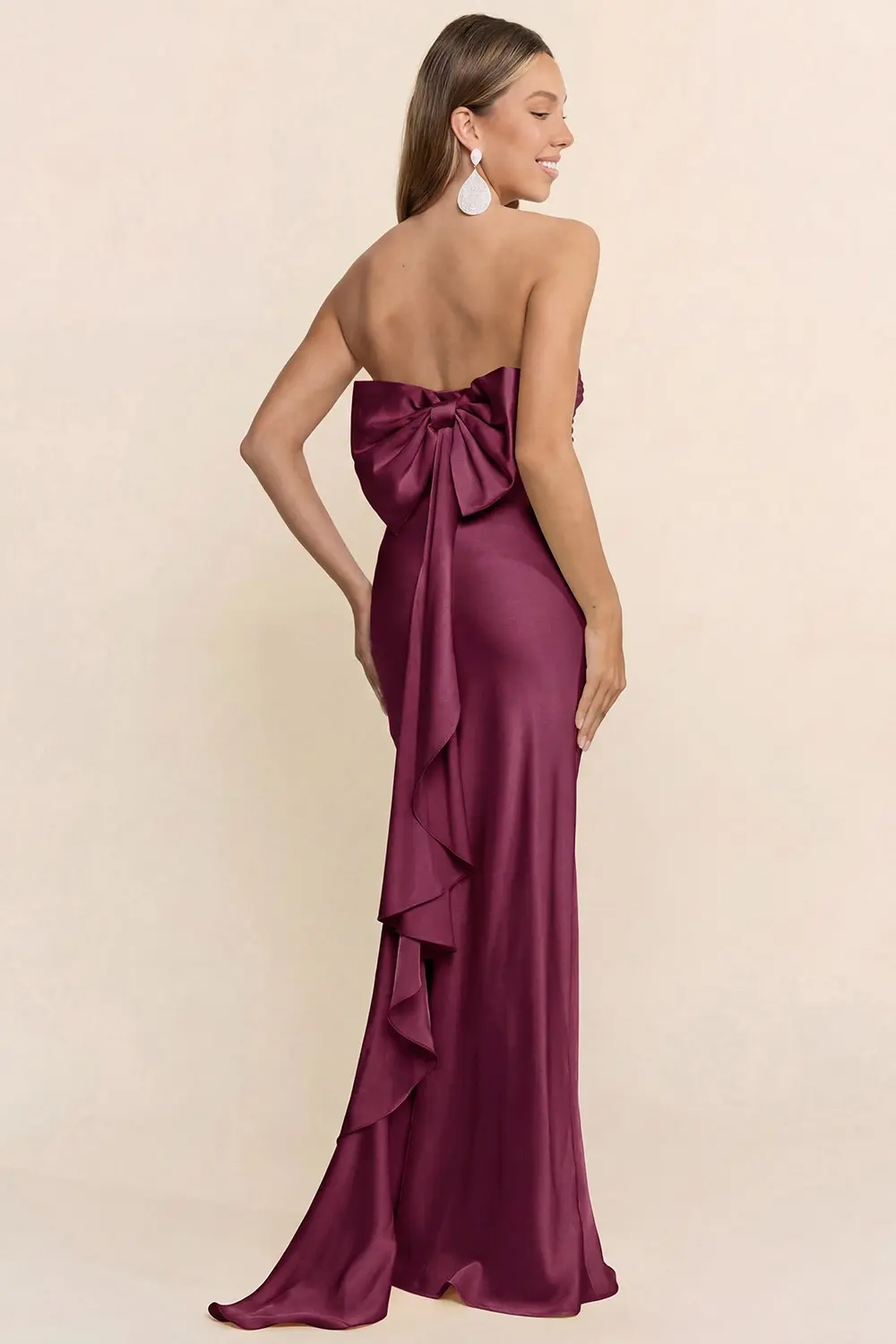 Plum Strapless Satin Maxi Dress with Bow (Talla S) thumbnail