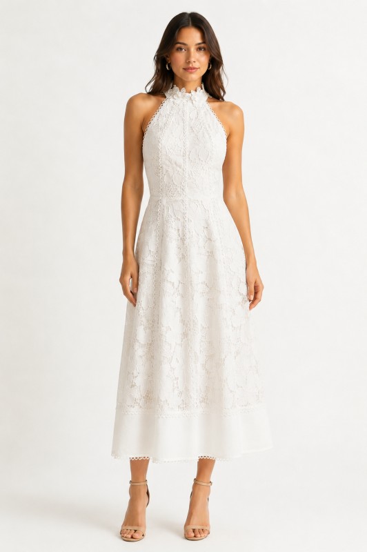 White Elegant High-neck Lace Midi Dress (Talla L)