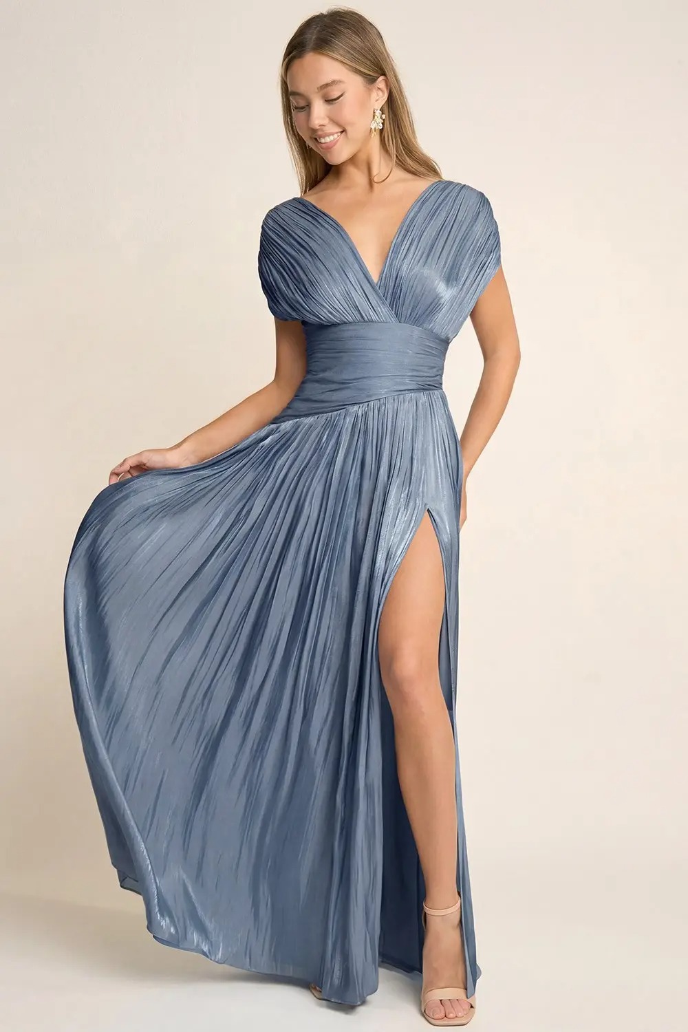Slate Blue Elegant Pleated Maxi Dress (Talla M) thumbnail