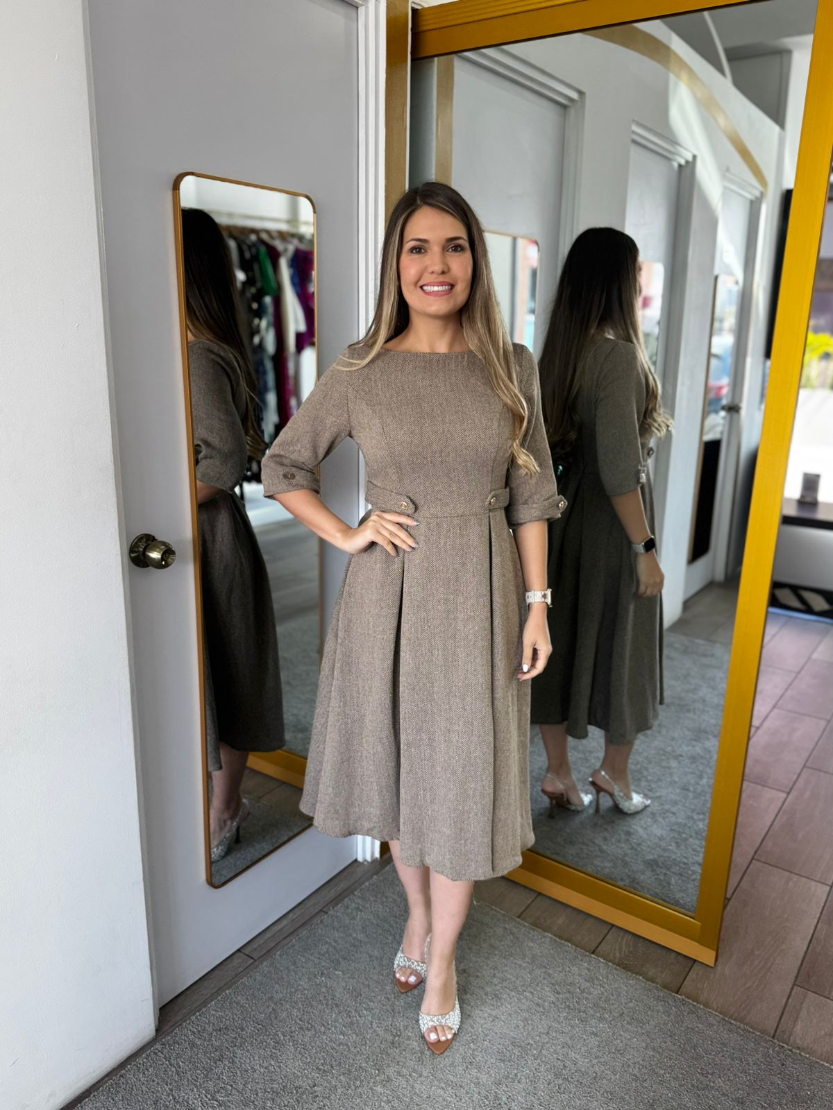 Khaki  Vintage Classic Elegant Women's Dress (Talla M)