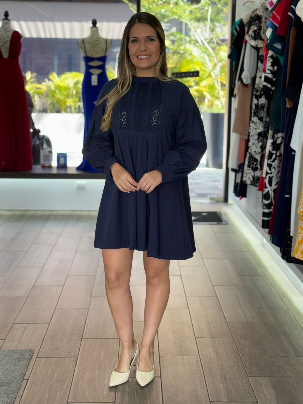 Navy Long Sleeve Mini Dress with Lace (Talla S) thumbnail