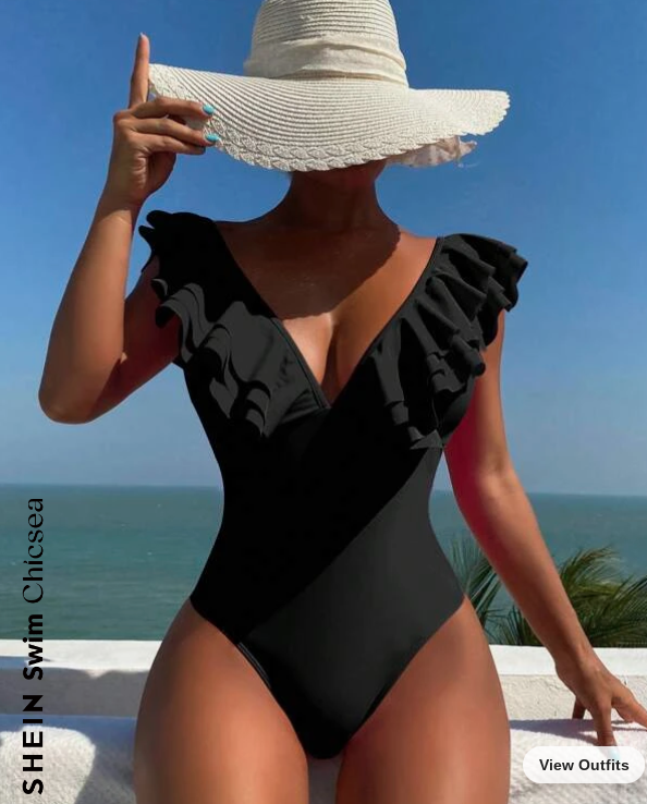 Black Ruffle Trim One Piece Swimsuit (Talla XL) thumbnail