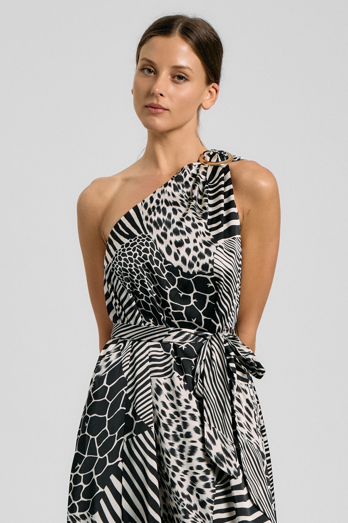 One Shoulder Gold Ring Animal Print Maxi Dress (Talla M) thumbnail