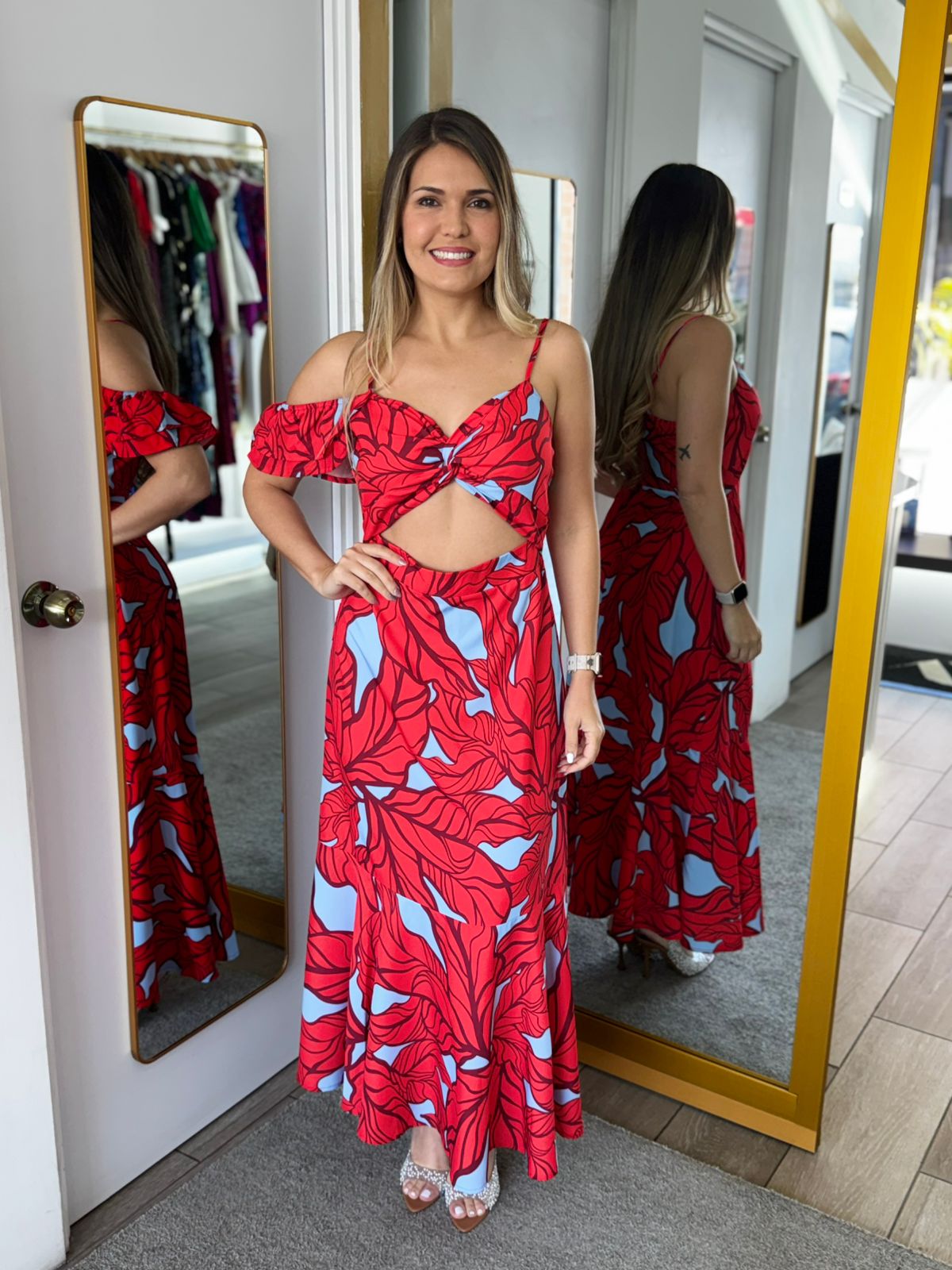 Red Floral Print High Waist Dress With Spaghetti Sraps (Talla M)
