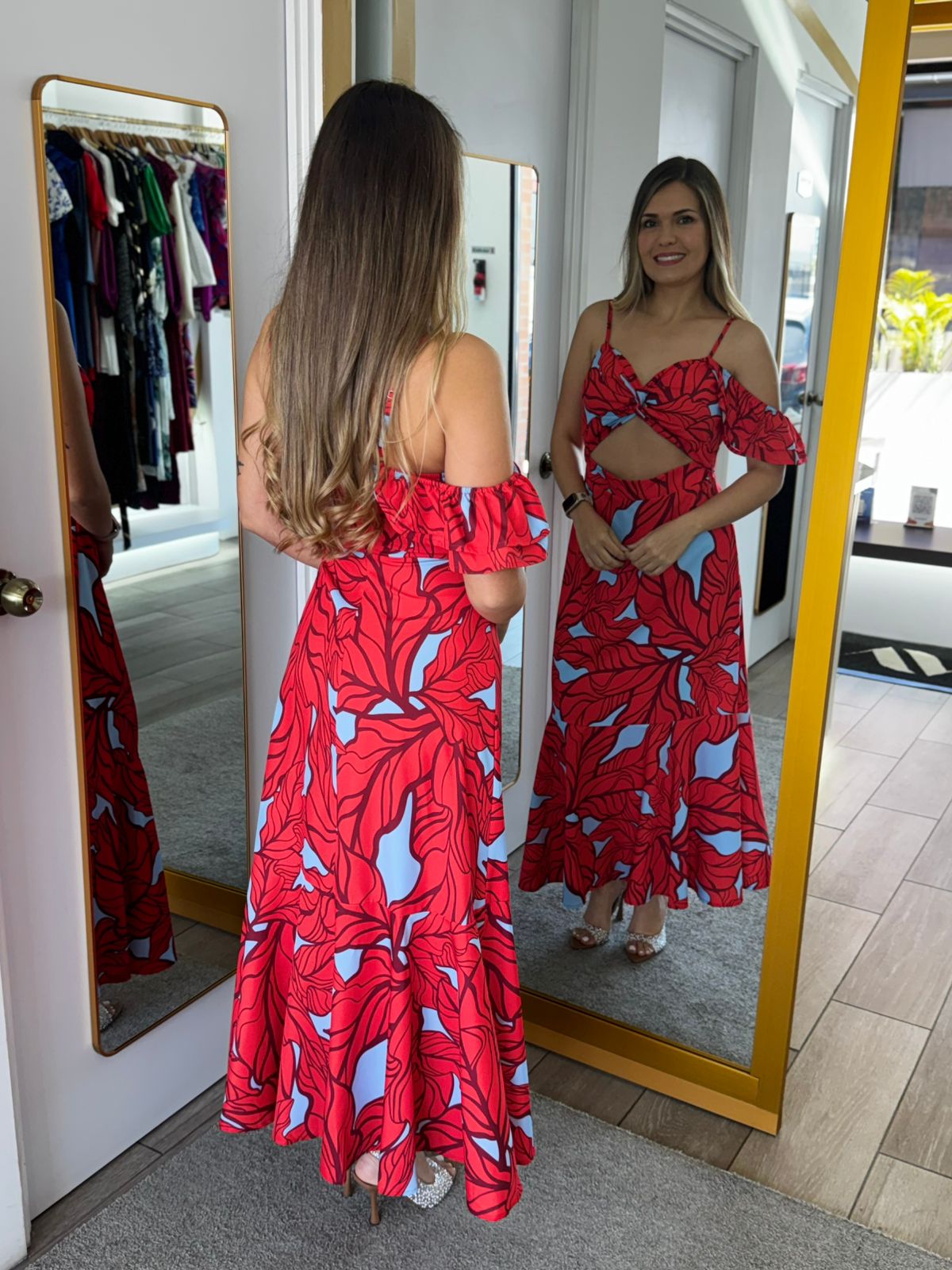 Red Floral Print High Waist Dress With Spaghetti Sraps (Talla M) thumbnail