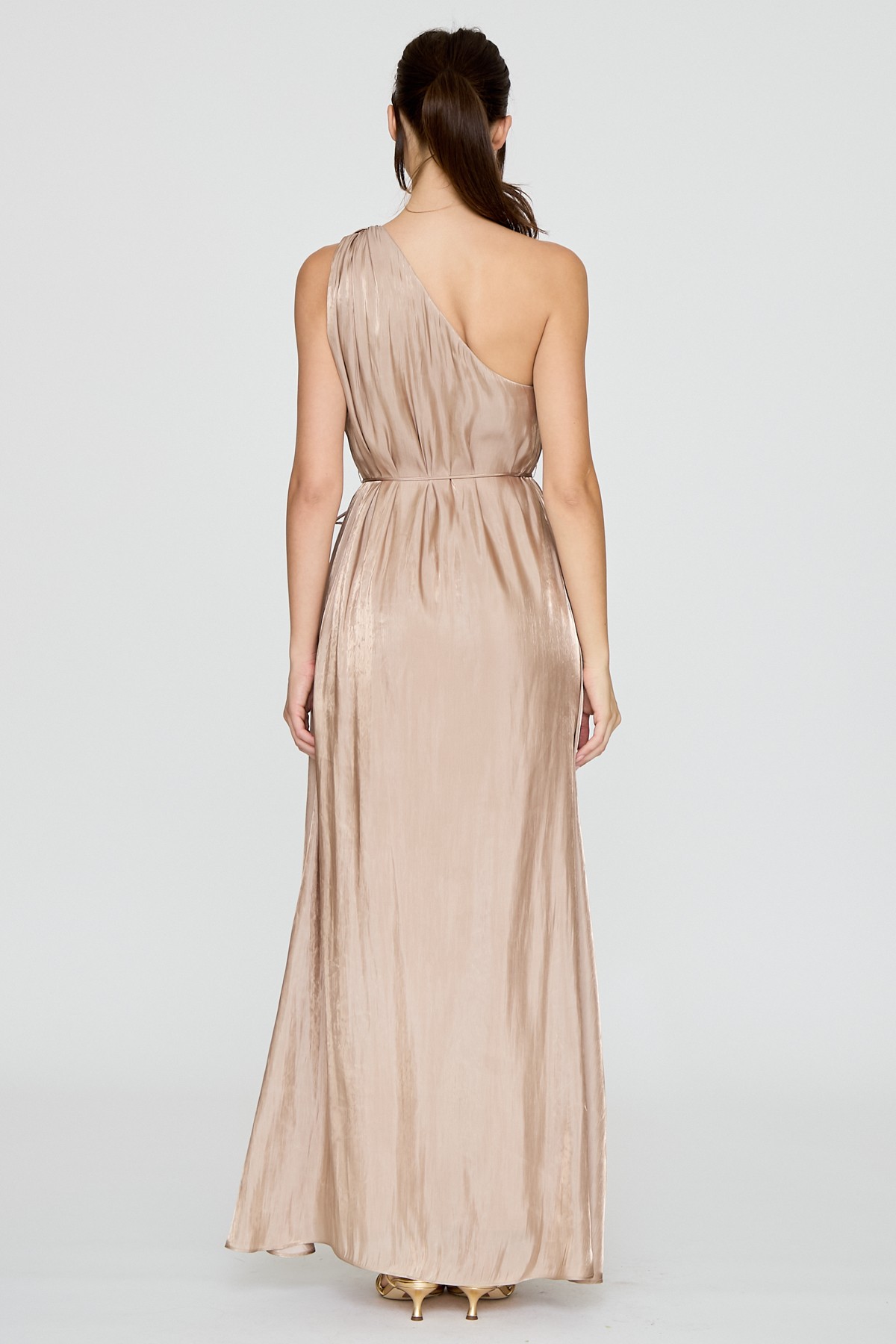 Golden Beige One Shoulder Metallic Trim Maxi Dress (Talla L) thumbnail
