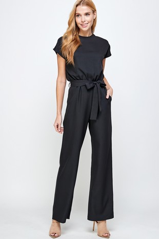 Black Solid Jumpsuit with Adjustable Waist (Talla L)