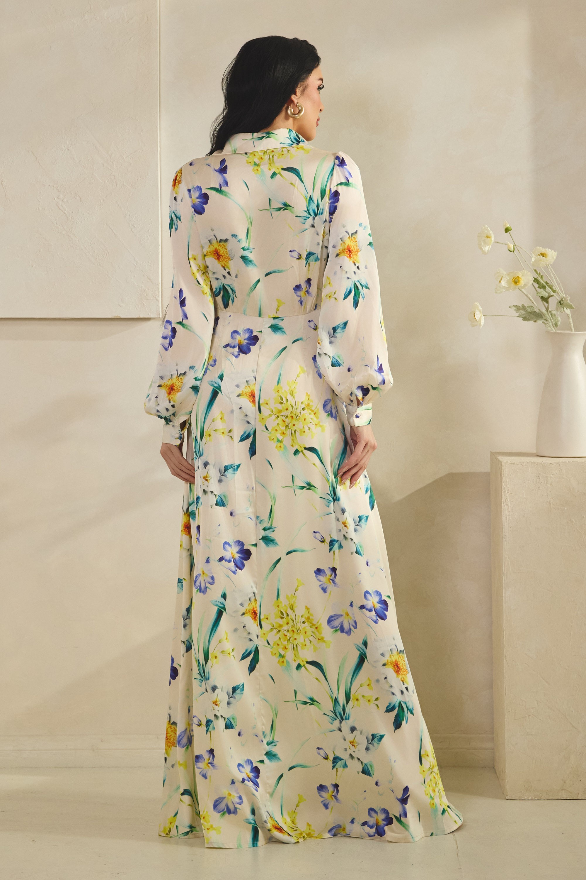 Flower Print Cinched Waist Long Sleeve Dress (Talla S) thumbnail