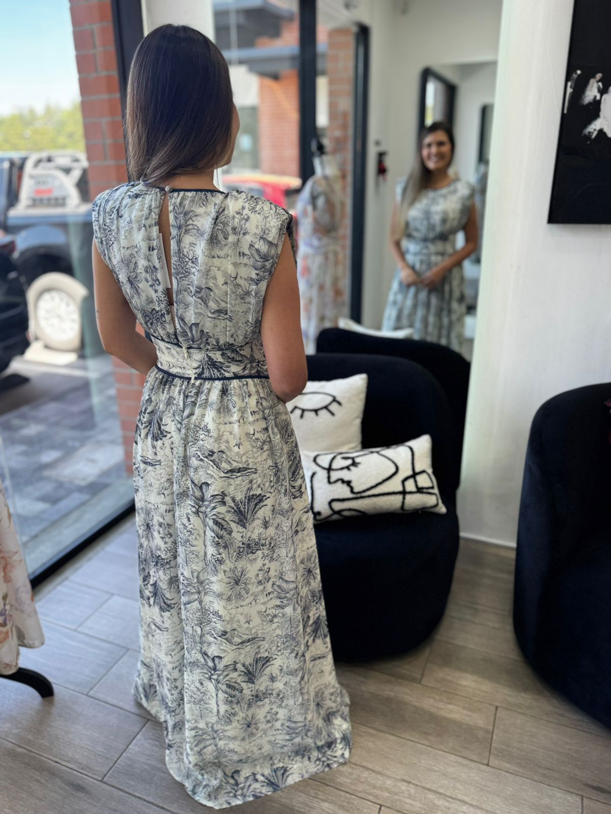 Navy Printed Chiffon Column Dress (Talla M) thumbnail