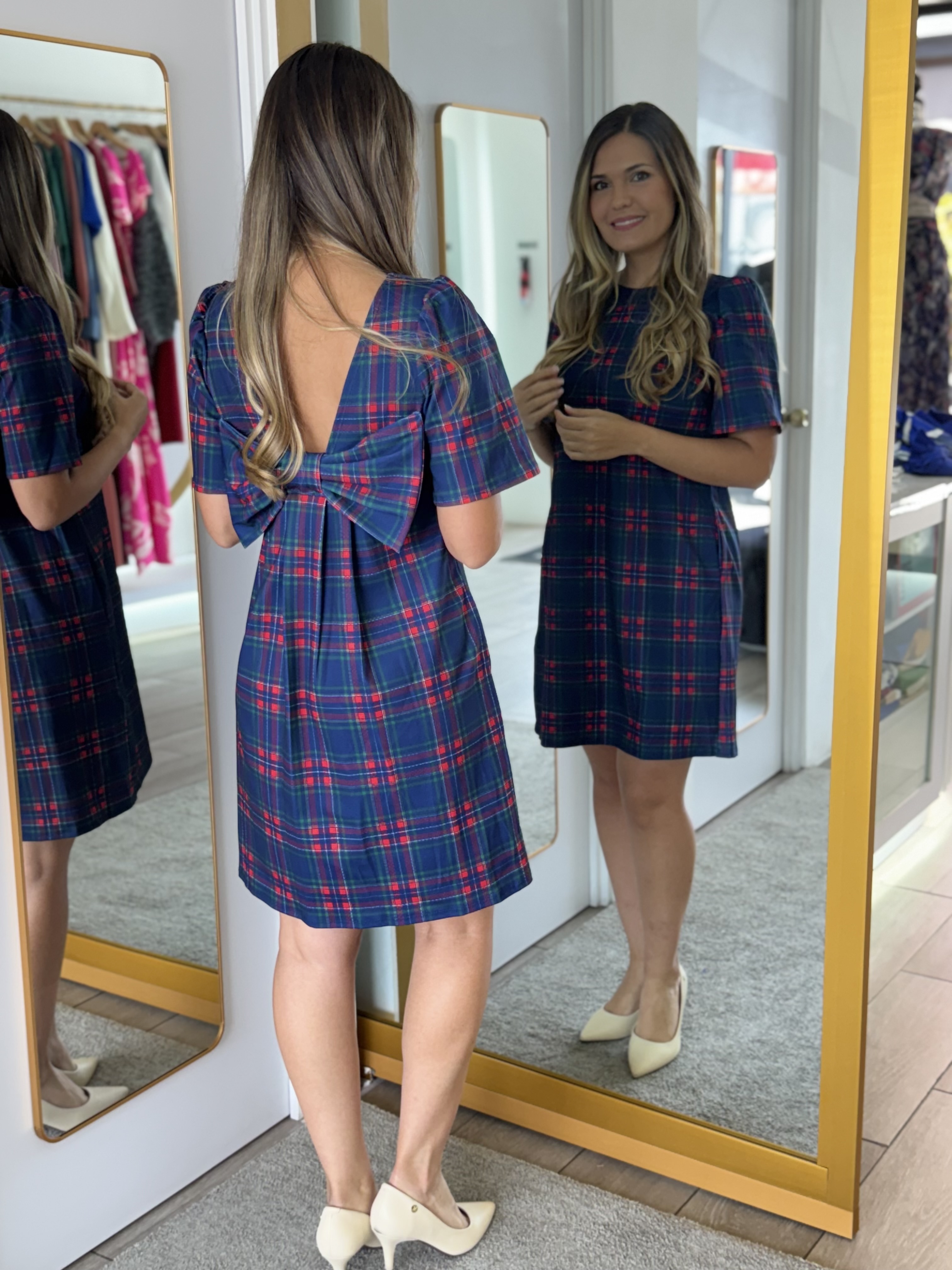 Holiday plaid shift dress Short puff sleeve (Talla S) thumbnail