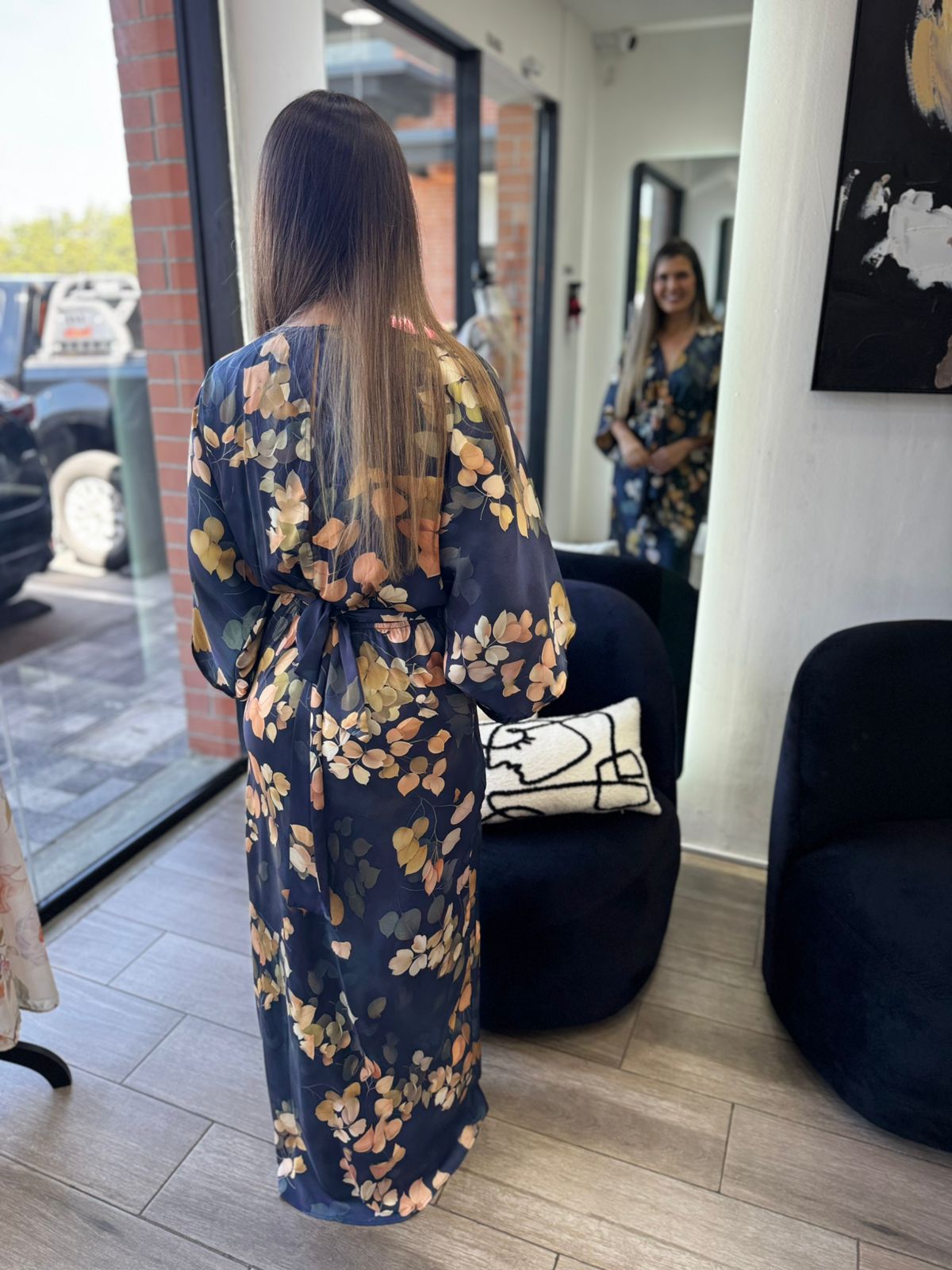 Navy Kimono Sleeve Elastic Back Waisted Maxi Dress (Talla S) thumbnail