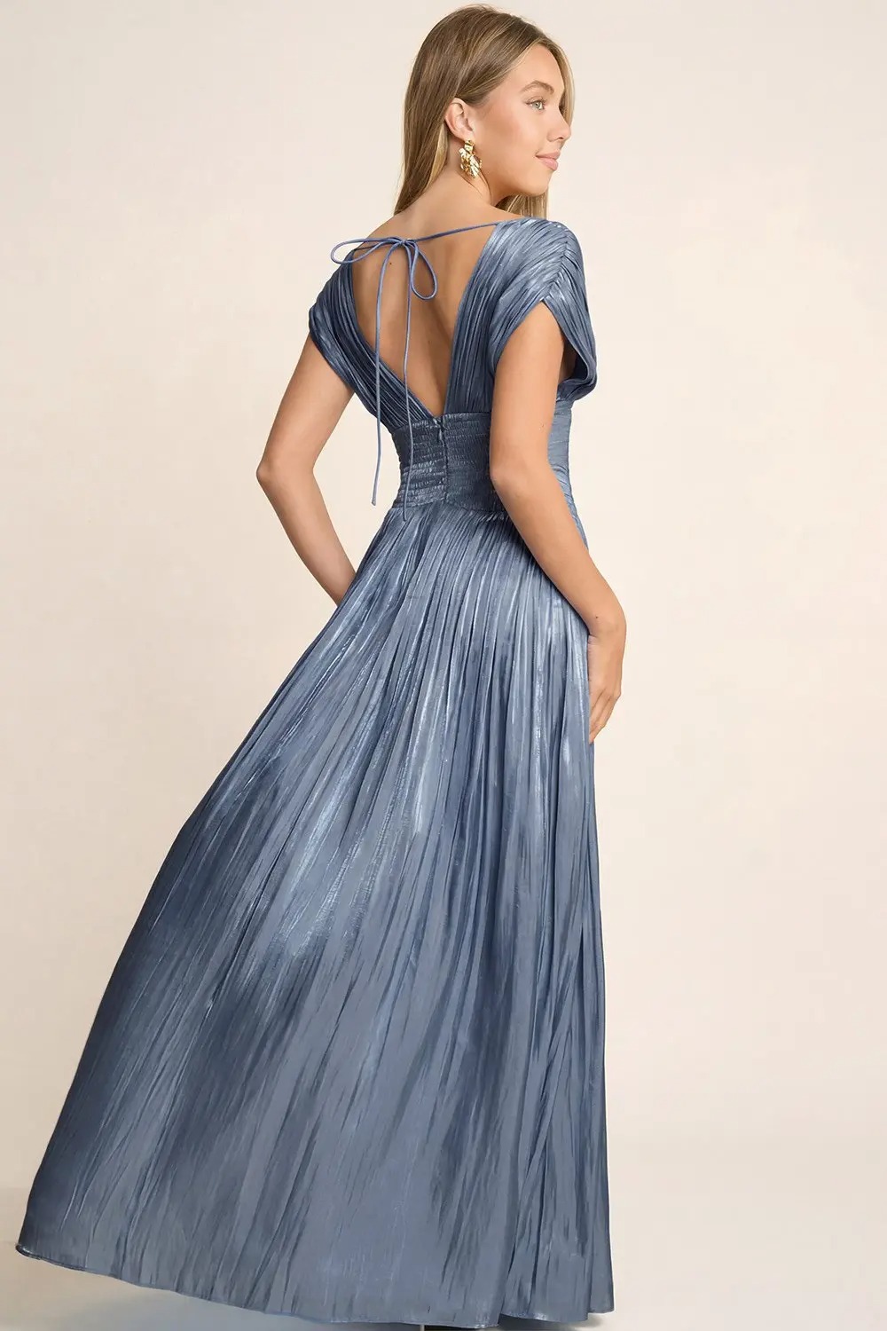 Slate Blue Elegant Pleated Maxi Dress (Talla M) thumbnail
