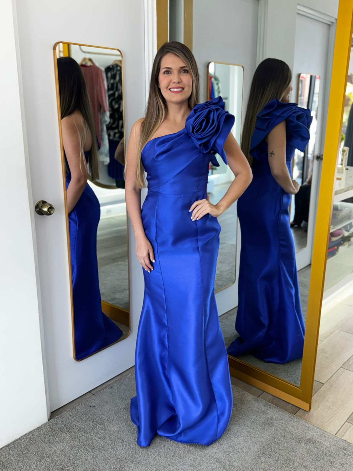 Blue One-shoulder Satin Evening Maxi Dress (Talla M)