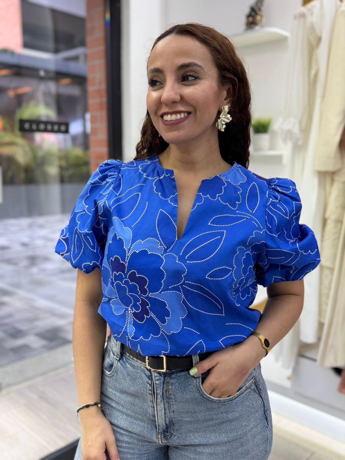 Maris Floral Adi Poplin Split Neck Top (Talla XL)