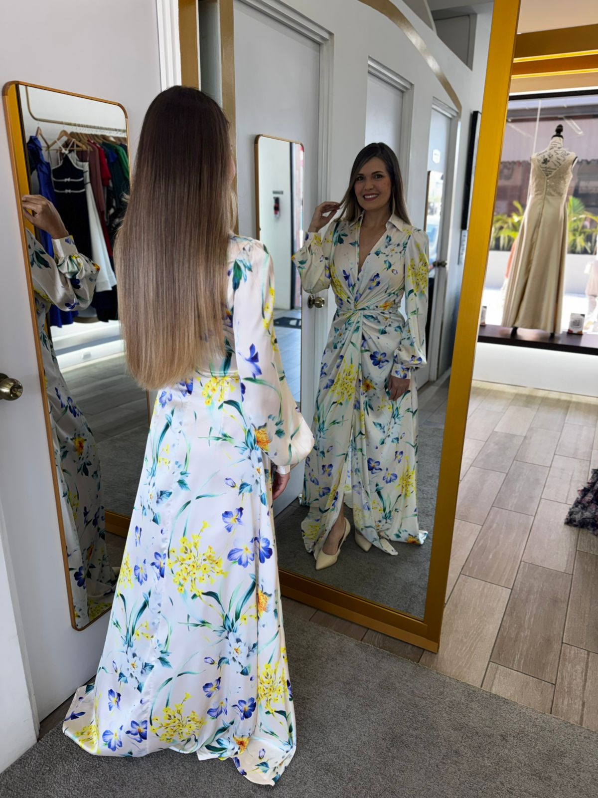 Flower Print Cinched Waist Long Sleeve Dress (Talla S) thumbnail